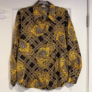 Louis Feraud Silk Baroque Leopard Print Blouse Gold Black US 6 FR 38 *Damaged